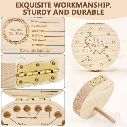 Tooth Fairy Box, Cute Wooden Tooth Keepsake Box with Tweezer and Fetal Hair Container, Lost Teeth Storage Container for Boy Girl(wood color) in Saudi Arabia