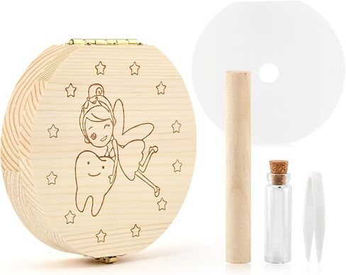 Tooth Fairy Box, Cute Wooden Tooth Keepsake Box with Tweezer and Fetal Hair Container, Lost Teeth Storage Container for Boy Girl(wood color) in Saudi Arabia