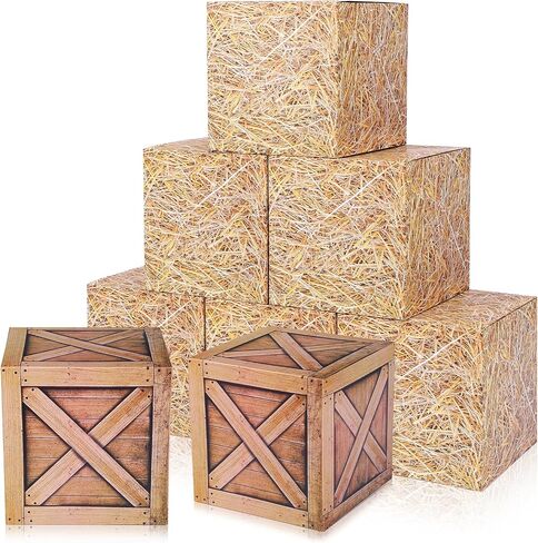 8 Pcs Hay Bales Boxes, Fake Western Cowboy Party Decorations, Cardboard Photo Booth Props Wooden Grain Straw Box for Farmhouse Halloween Birthday Theme in Saudi Arabia