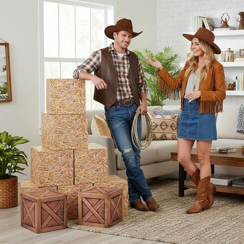 8 Pcs Hay Bales Boxes, Fake Western Cowboy Party Decorations, Cardboard Photo Booth Props Wooden Grain Straw Box for Farmhouse Halloween Birthday Theme in Saudi Arabia
