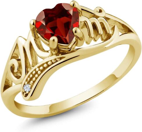 Gem Stone King Customized and Personalized Heart Shape Mother MOM Ring | 18K Yellow Gold Plated Silver | Gemstone Birthstone and White Topaz | Wedding Engagement Anniversary Ring For Women in Kuwait
