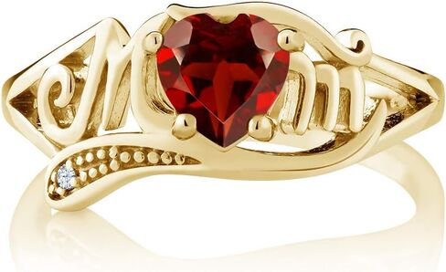 Gem Stone King Customized and Personalized Heart Shape Mother MOM Ring | 18K Yellow Gold Plated Silver | Gemstone Birthstone and White Topaz | Wedding Engagement Anniversary Ring For Women in Kuwait