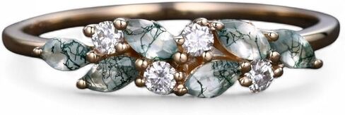 Moss agate cluster wedding band Unique marquise cut moss agate wedding band Vintage Moissanite ring Solid gold ring Valentine Day gift in Kuwait