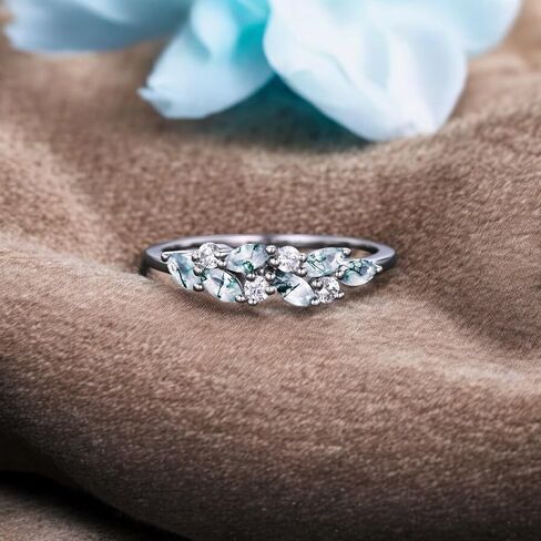 Moss agate cluster wedding band Unique marquise cut moss agate wedding band Vintage Moissanite ring Solid gold ring Valentine Day gift in Kuwait