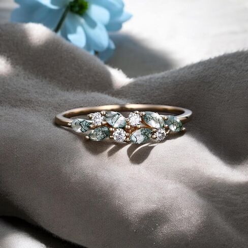 Moss agate cluster wedding band Unique marquise cut moss agate wedding band Vintage Moissanite ring Solid gold ring Valentine Day gift in Kuwait