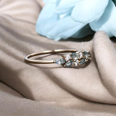 Moss agate cluster wedding band Unique marquise cut moss agate wedding band Vintage Moissanite ring Solid gold ring Valentine Day gift in Kuwait