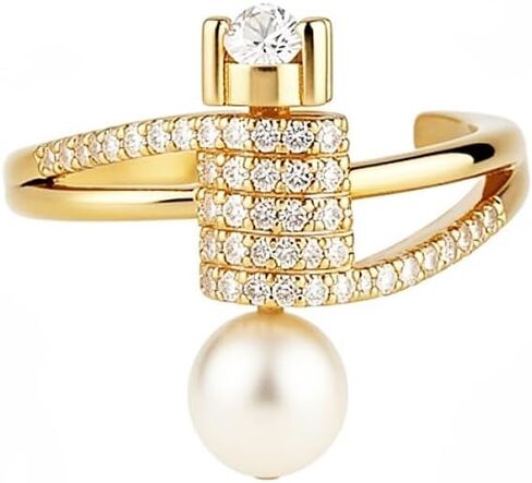 Dtja Shell Pearl CZ Barbell بيان حلقة قابلة للتعديل للنساء 14K مطلية بالذهب كريستال لآلئ صناعية قابلة للتوسيع مفتوحة التفاف خواتم الاصبع موضة الزفاف وعد الخطوبة هدية المجوهرات in Kuwait