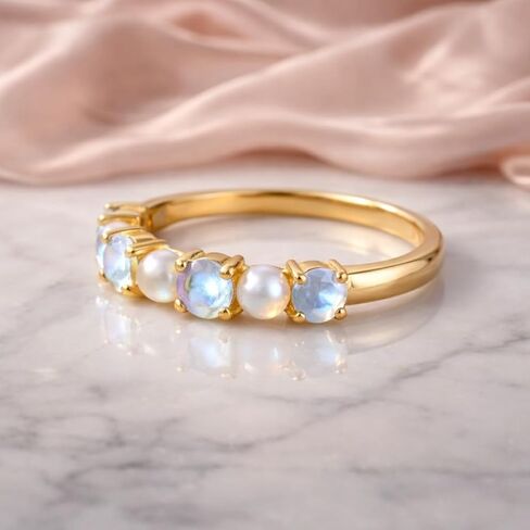 Moonstone and Pearl Ring for Women14K Gold Eternity Band Dainty Stackable Wedding Band Anniversary Handmade Bridal Jewelry Promise Gift for Her in Kuwait