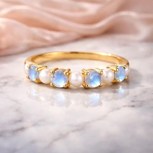 Moonstone and Pearl Ring for Women14K Gold Eternity Band Dainty Stackable Wedding Band Anniversary Handmade Bridal Jewelry Promise Gift for Her in Kuwait