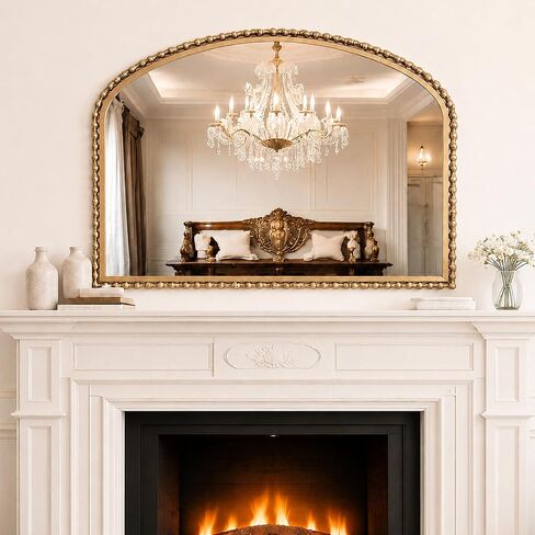 36x28 Inch Wide Arched Wall Mirror with Bold Antique Gold Beaded Frame, Decorative Mantel Mirror for Fireplace or Entryway, Horizontal Hanging Statement Mirror for Living Room Wall Decor in Saudi Arabia