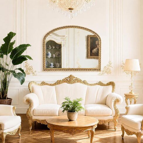 36x28 Inch Wide Arched Wall Mirror with Bold Antique Gold Beaded Frame, Decorative Mantel Mirror for Fireplace or Entryway, Horizontal Hanging Statement Mirror for Living Room Wall Decor in Saudi Arabia