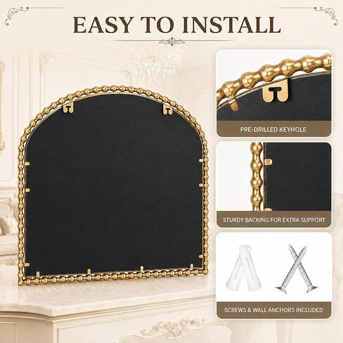 36x28 Inch Wide Arched Wall Mirror with Bold Antique Gold Beaded Frame, Decorative Mantel Mirror for Fireplace or Entryway, Horizontal Hanging Statement Mirror for Living Room Wall Decor in Saudi Arabia