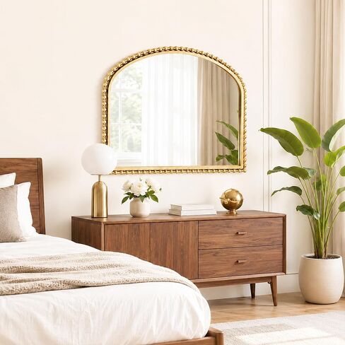 36x28 Inch Wide Arched Wall Mirror with Bold Antique Gold Beaded Frame, Decorative Mantel Mirror for Fireplace or Entryway, Horizontal Hanging Statement Mirror for Living Room Wall Decor in Saudi Arabia