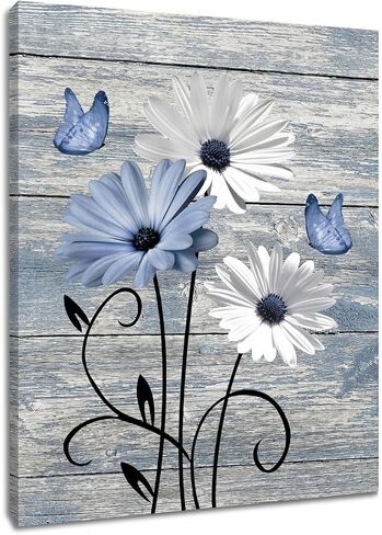 MYUSRE Farmhouse Blue Floral Canvas Wall Art, 16L X 12W Inch | Rustic Wood Daisy Butterfly Framed Wall Art Country Flower Pictures Wall Decor Ready to Hang in Saudi Arabia