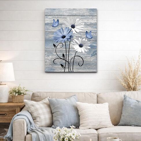 MYUSRE Farmhouse Blue Floral Canvas Wall Art, 16L X 12W Inch | Rustic Wood Daisy Butterfly Framed Wall Art Country Flower Pictures Wall Decor Ready to Hang in Saudi Arabia
