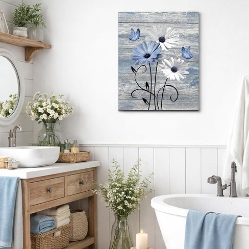 MYUSRE Farmhouse Blue Floral Canvas Wall Art, 16L X 12W Inch | Rustic Wood Daisy Butterfly Framed Wall Art Country Flower Pictures Wall Decor Ready to Hang in Saudi Arabia