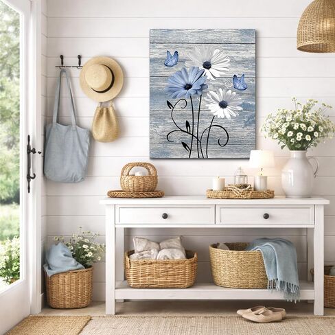 MYUSRE Farmhouse Blue Floral Canvas Wall Art, 16L X 12W Inch | Rustic Wood Daisy Butterfly Framed Wall Art Country Flower Pictures Wall Decor Ready to Hang in Saudi Arabia