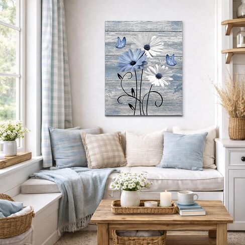 MYUSRE Farmhouse Blue Floral Canvas Wall Art, 16L X 12W Inch | Rustic Wood Daisy Butterfly Framed Wall Art Country Flower Pictures Wall Decor Ready to Hang in Saudi Arabia