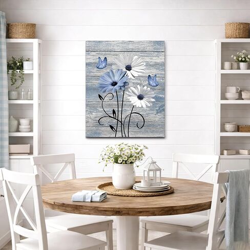 MYUSRE Farmhouse Blue Floral Canvas Wall Art, 16L X 12W Inch | Rustic Wood Daisy Butterfly Framed Wall Art Country Flower Pictures Wall Decor Ready to Hang in Saudi Arabia