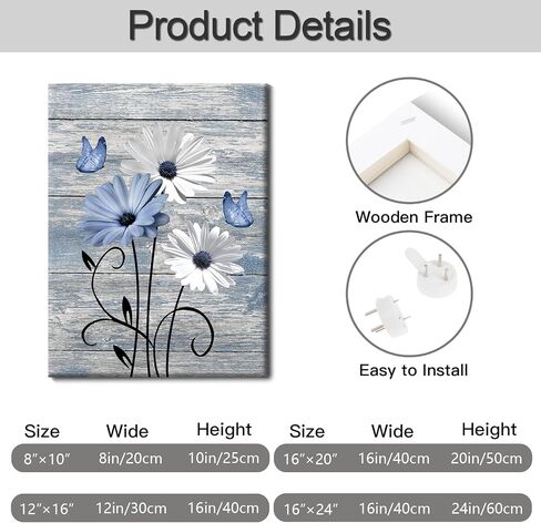 MYUSRE Farmhouse Blue Floral Canvas Wall Art, 16L X 12W Inch | Rustic Wood Daisy Butterfly Framed Wall Art Country Flower Pictures Wall Decor Ready to Hang in Saudi Arabia