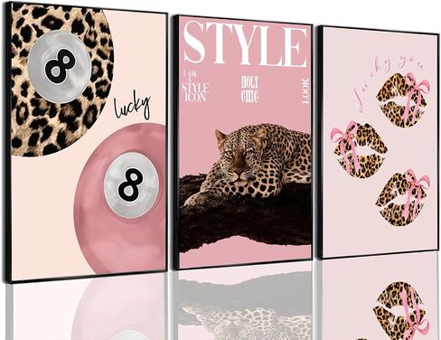 3 PCS Pink Leopard Canvas Wall Art Trendy Cheetah 8 Ball Bow Poster Prints Y2k Coquette Preppy Lucky Aesthetic Fashion Pictures Art for Girls Bedroom Dorm Living Room Apartment Decor 12*16In Unframed in Saudi Arabia