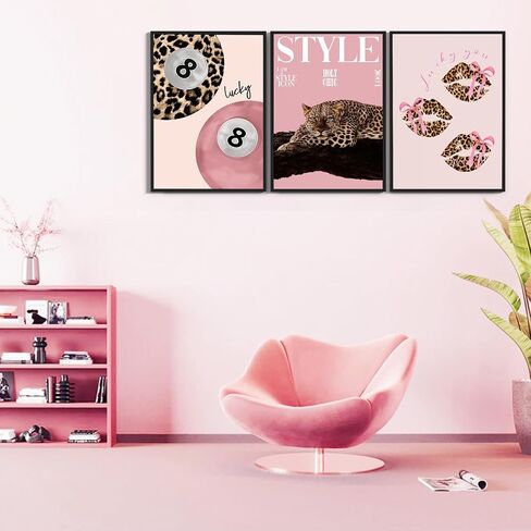 3 PCS Pink Leopard Canvas Wall Art Trendy Cheetah 8 Ball Bow Poster Prints Y2k Coquette Preppy Lucky Aesthetic Fashion Pictures Art for Girls Bedroom Dorm Living Room Apartment Decor 12*16In Unframed in Saudi Arabia