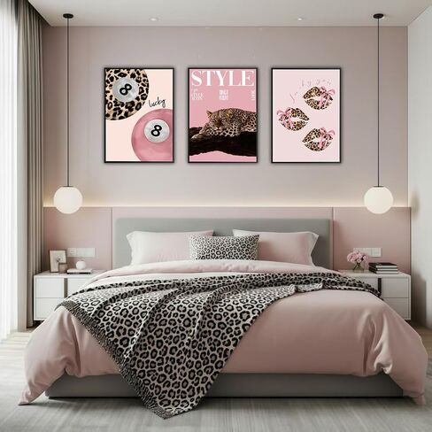 3 PCS Pink Leopard Canvas Wall Art Trendy Cheetah 8 Ball Bow Poster Prints Y2k Coquette Preppy Lucky Aesthetic Fashion Pictures Art for Girls Bedroom Dorm Living Room Apartment Decor 12*16In Unframed in Saudi Arabia