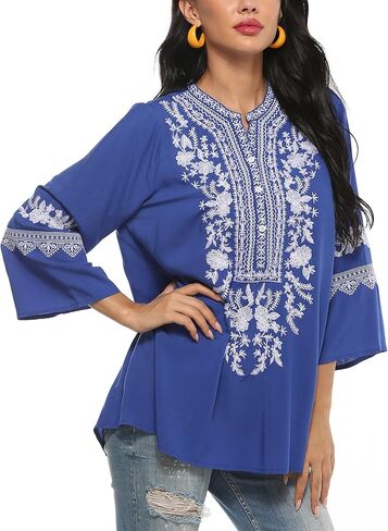 Plus Size Embroidered Boho Tops for Women Mexican Peasant Tunic Shirts Fiesta Bohemian Blouses in Saudi Arabia