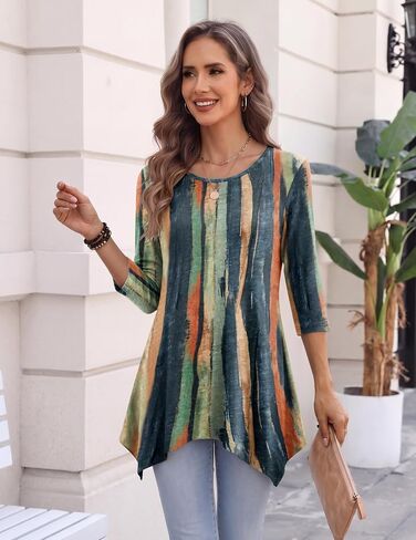Zeagoo Fashion Clothing for Women 3/4 Sleeve Boho Shirts Summer Fall Crew Neck Tunic or Tops to Wear with Leggings in Kuwait