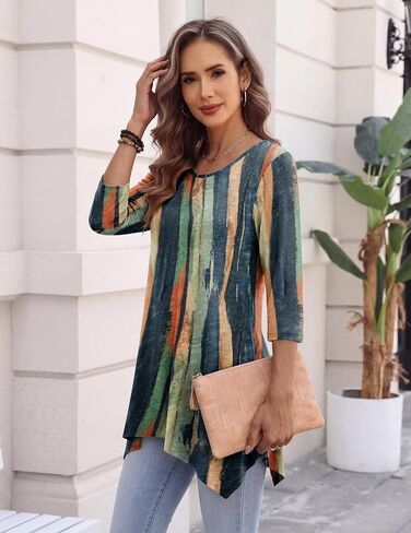 Zeagoo Fashion Clothing for Women 3/4 Sleeve Boho Shirts Summer Fall Crew Neck Tunic or Tops to Wear with Leggings in Kuwait