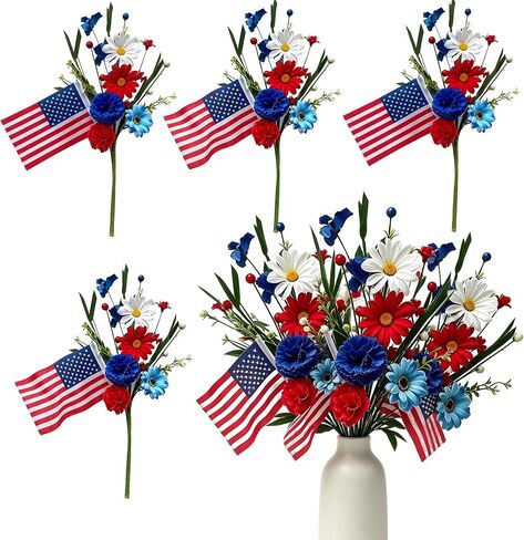 4 Pack 4th of July Picks Patriotic Artificial Red White Blue Daisy Flowers with American Flags - Floral Stems for Independence Day Centerpieces Wreaths Vase DIY Crafts Party Table Decorations in Saudi Arabia