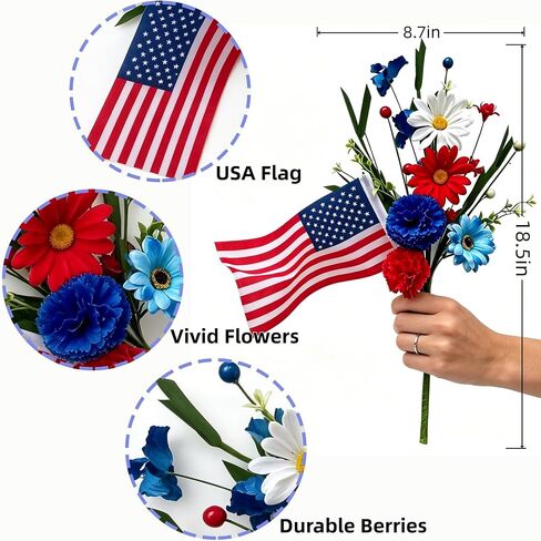 4 Pack 4th of July Picks Patriotic Artificial Red White Blue Daisy Flowers with American Flags - Floral Stems for Independence Day Centerpieces Wreaths Vase DIY Crafts Party Table Decorations in Saudi Arabia