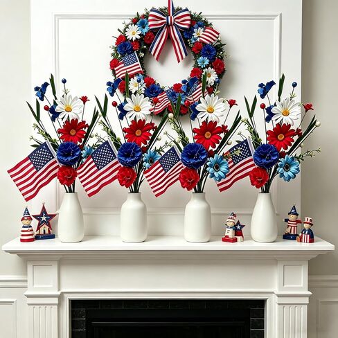 4 Pack 4th of July Picks Patriotic Artificial Red White Blue Daisy Flowers with American Flags - Floral Stems for Independence Day Centerpieces Wreaths Vase DIY Crafts Party Table Decorations in Saudi Arabia