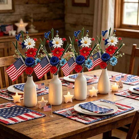 4 Pack 4th of July Picks Patriotic Artificial Red White Blue Daisy Flowers with American Flags - Floral Stems for Independence Day Centerpieces Wreaths Vase DIY Crafts Party Table Decorations in Saudi Arabia