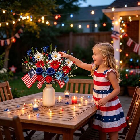 4 Pack 4th of July Picks Patriotic Artificial Red White Blue Daisy Flowers with American Flags - Floral Stems for Independence Day Centerpieces Wreaths Vase DIY Crafts Party Table Decorations in Saudi Arabia