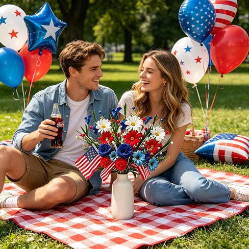4 Pack 4th of July Picks Patriotic Artificial Red White Blue Daisy Flowers with American Flags - Floral Stems for Independence Day Centerpieces Wreaths Vase DIY Crafts Party Table Decorations in Saudi Arabia