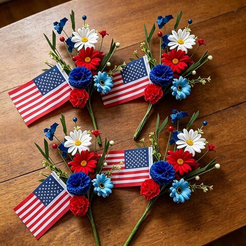 4 Pack 4th of July Picks Patriotic Artificial Red White Blue Daisy Flowers with American Flags - Floral Stems for Independence Day Centerpieces Wreaths Vase DIY Crafts Party Table Decorations in Saudi Arabia