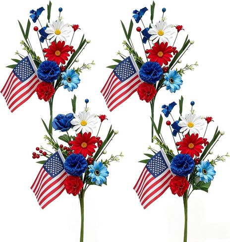 4 Pack 4th of July Picks Patriotic Artificial Red White Blue Daisy Flowers with American Flags - Floral Stems for Independence Day Centerpieces Wreaths Vase DIY Crafts Party Table Decorations in Saudi Arabia
