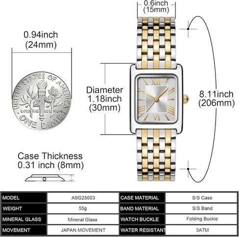 Asan Ge Watches for Women Vintage Bracelet Roman Dial Japanese Movement Rectangular Case Watch 3ATM Waterproof Self-Adjust Watch Size Without Tools in Saudi Arabia