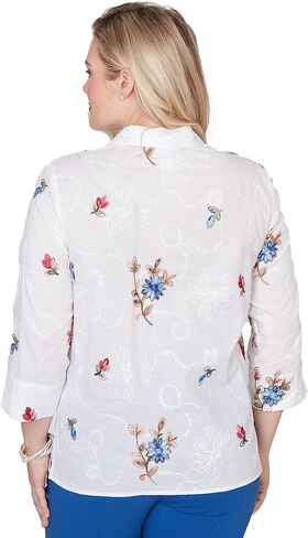 Alfred Dunner Women's Embroidered Flower Collared Button Front Top in Kuwait