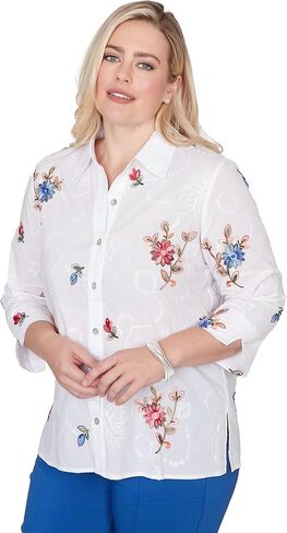 Alfred Dunner Women's Embroidered Flower Collared Button Front Top in Kuwait