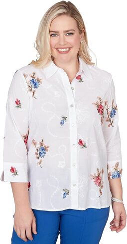 Alfred Dunner Women's Embroidered Flower Collared Button Front Top in Kuwait