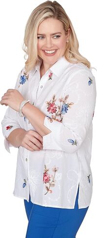 Alfred Dunner Women's Embroidered Flower Collared Button Front Top in Kuwait
