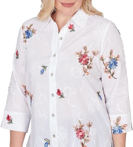 Alfred Dunner Women's Embroidered Flower Collared Button Front Top in Kuwait