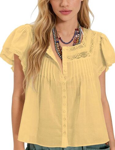 Women's Boho Peplum Babydoll Crop Tops Lace Vest Short Sleeve Button Down Semi Sheer Linen Shirts in Saudi Arabia