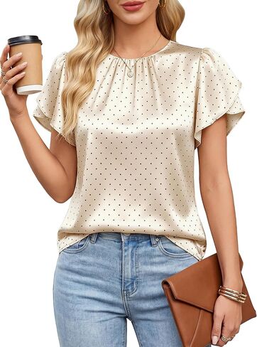 Blooming Jelly Womens Dressy Business Casual Blouses Polka Dots Short Sleeve Shirts Ruffle Pleated 2026 Tops in Kuwait