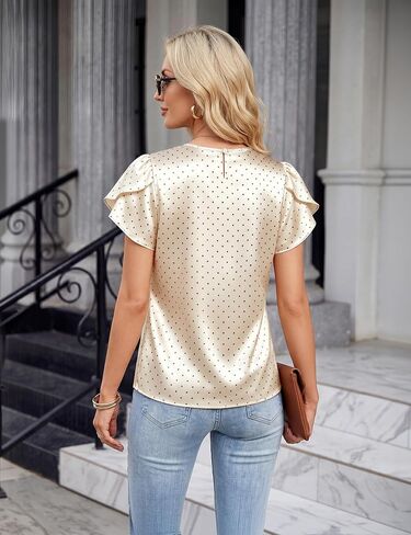 Blooming Jelly Womens Dressy Business Casual Blouses Polka Dots Short Sleeve Shirts Ruffle Pleated 2026 Tops in Kuwait