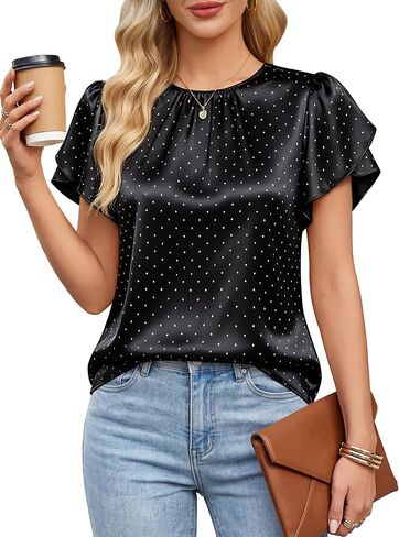 Blooming Jelly Womens Dressy Business Casual Blouses Polka Dots Short Sleeve Shirts Ruffle Pleated 2026 Tops in Kuwait