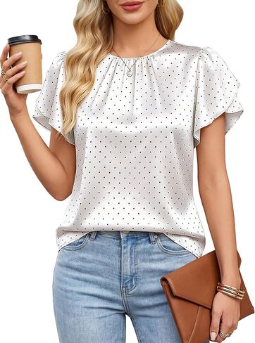Blooming Jelly Womens Dressy Business Casual Blouses Polka Dots Short Sleeve Shirts Ruffle Pleated 2026 Tops in Kuwait