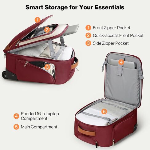 mixi 16 Inch Underseat Carry-On Luggage, Softside Suitcase with Wheels, Fashion Lightweight Water-Resistant Personal Item Travel Bag for Short Trips, Wine Red in Saudi Arabia